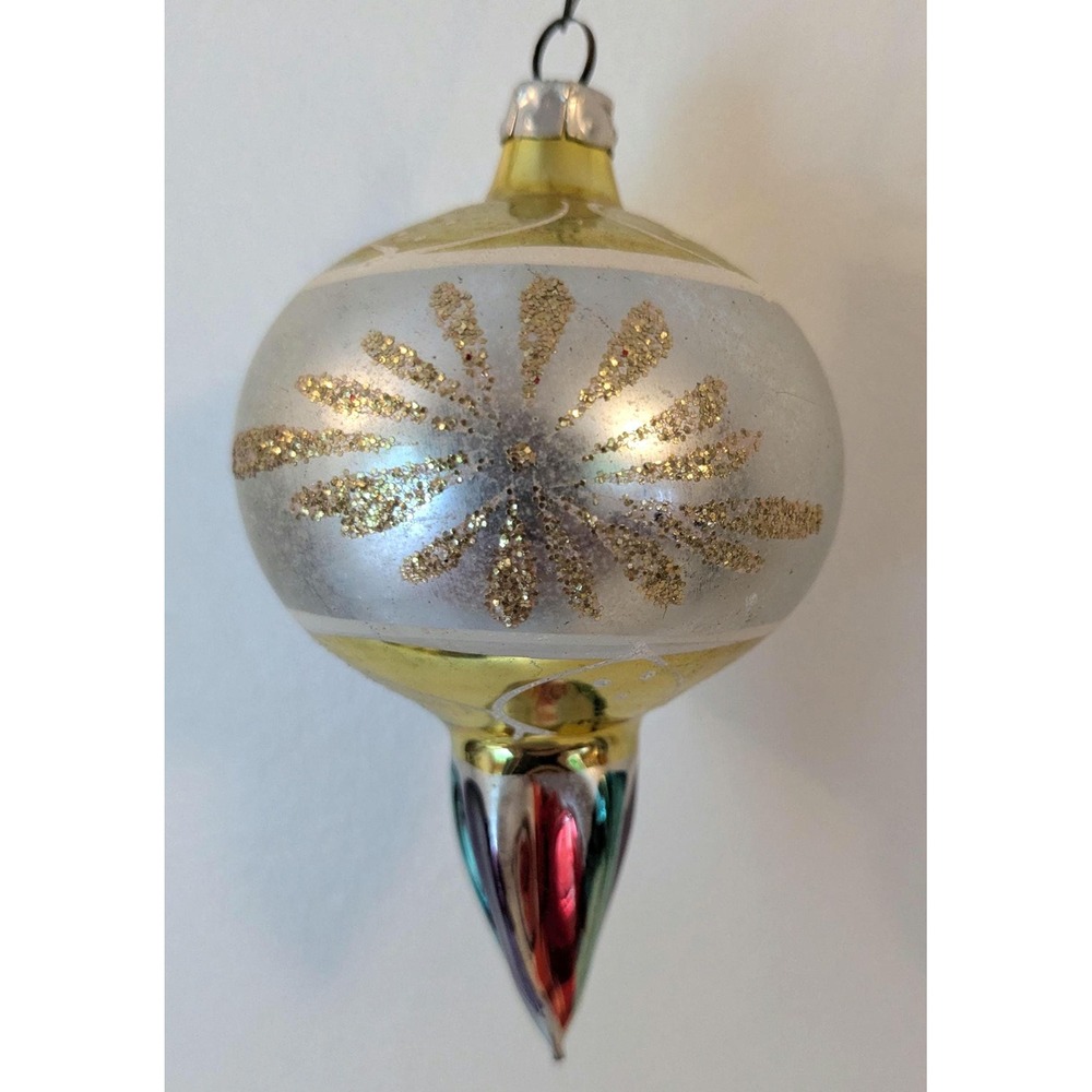 Vintage Glass Reflector Christmas Ornament Gold Silver Finial 1950s MCM